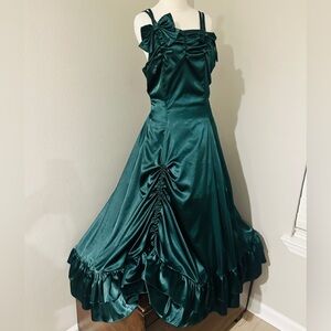 Vintage Emerald Green Satin Ruffled Maxi Dress w/ Bows & Side Zipper Size L